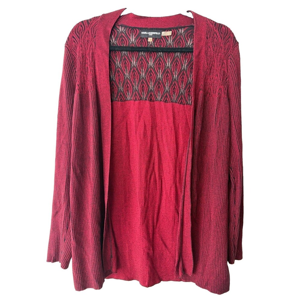 KARL LAGERFELD PARIS Red Black Open Front Rib-Knit Cardigan Sweater M LS